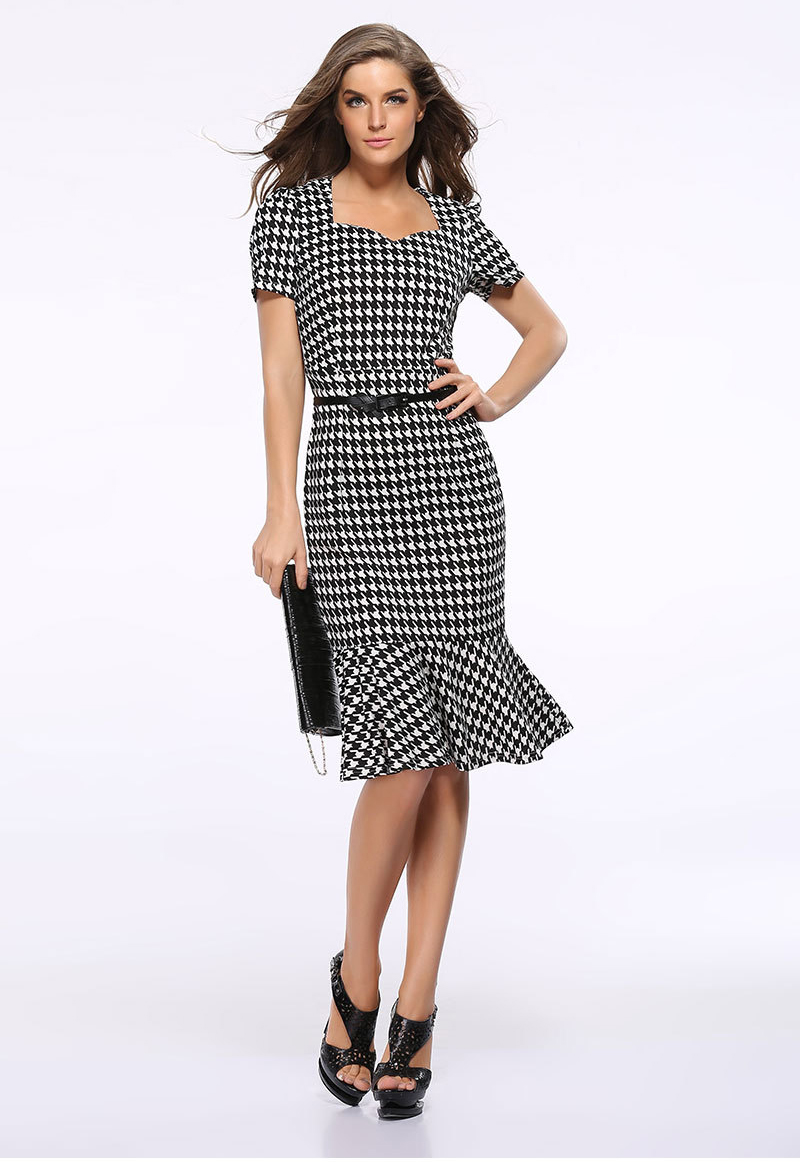 F2496 Stylish Houndstooth Printed Short Sleeves Fitted Fishtail Bottom Dress